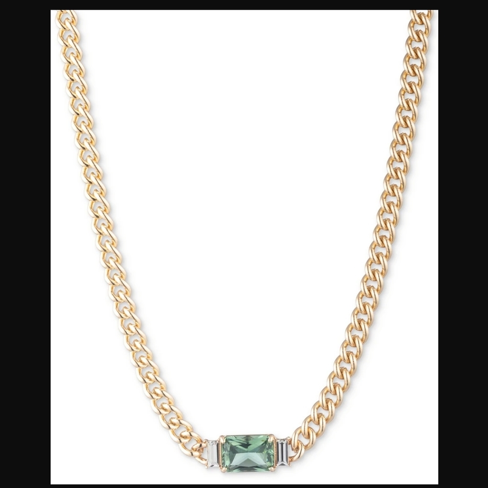 Gold and Green Double Strand Necklace with Rectangular Gemstone